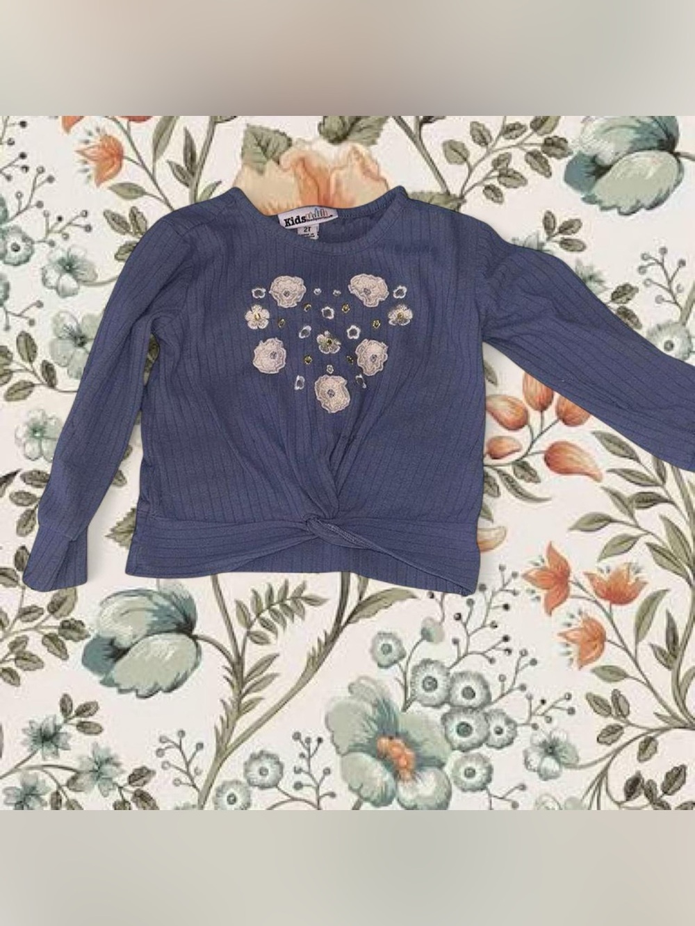 Blue Floral Twist-Front Long Sleeve Top